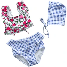 Для маленьких девочек, купальный костюм из двух предметов с Кепки симпатичное платье с принтом с фруктовым принтом; детская одежда для купания, детские плавки пляжные купальные костюмы, Лидер продаж, весенняя одежда для детей