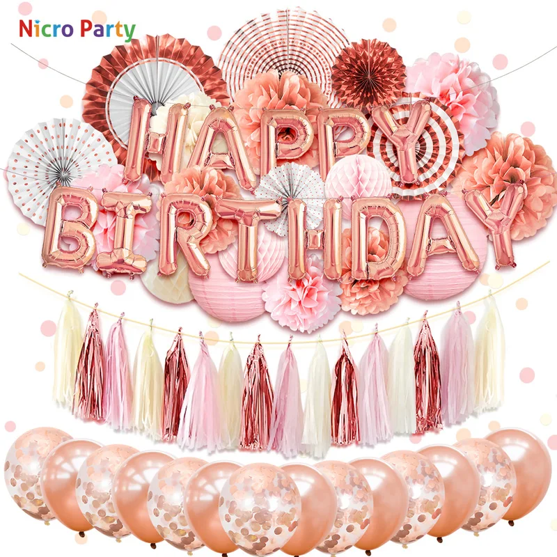 

Nicro 62 pcs/set Happy Birthday Party Decorations Kit Rose Gold Lanterns Flowers Balloons Home New Decor DIY #Set94