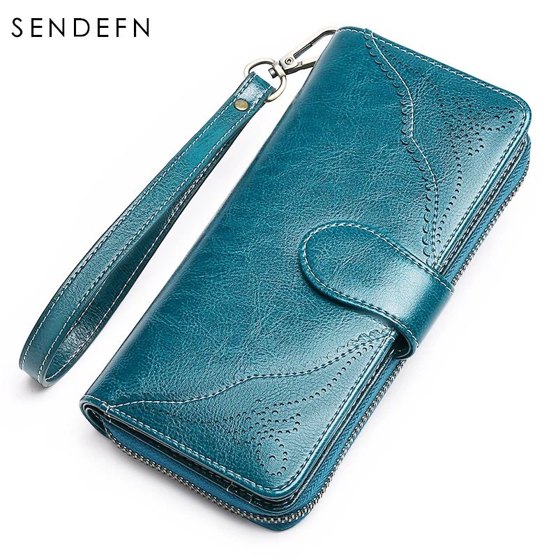 Sendefn винтажный женский кошелек из вощеной кожи темно-синий длинный кошелек на молнии женский кожаный специальный клатч 5161-69