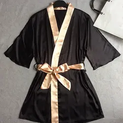 Черный Для женщин атласный ночной халат одноцветное кимоно платье сексуальное халат Peignoir Femme свадебные туфли невесты ночная рубашка