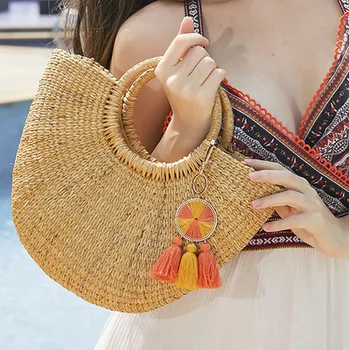

Straw Woven Handmade Bohemia Accessories Tote Bags Tassel Women Ball Cute Soft Handbags Beach Knitting Strings Ladies Bags