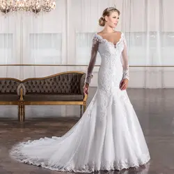 Vestidos De Novia Иллюзия Вернуться Русалка свадебное платье свадебное с длинными рукавами уникальные платья Свадебные платья с аппликацией Trouwjurk