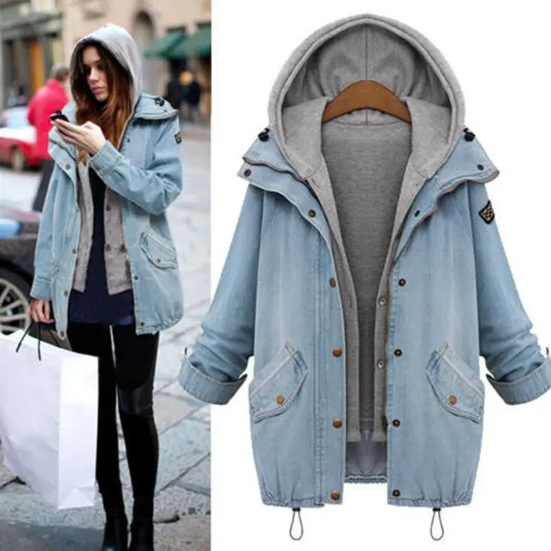 

2019 Winter Fashion Plus Size 3XL Jeans Jacket Women Two Piece Set Denim Jacket Hooded Vest Oversized Casual Coat Outerwear Warm