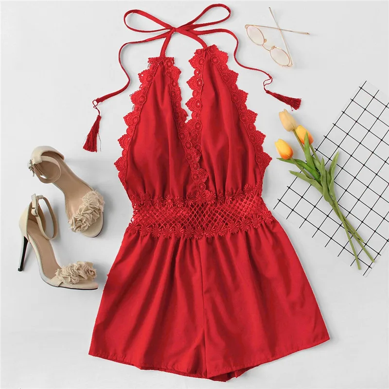 ROMWE Red Lace Trim Sexy V Neck Backless Fringe Halter Rompers Women Open Back Mid Waist Short Straight Leg Summer Playsuits