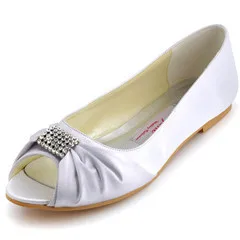Женская обувь; свадебные туфли на плоской подошве для свадьбы белого цвета и цвета слоновой кости, удобная обувь открытый носок с кристаллами, атласное леди платье для выпускного вечера свадебные балетки фиолетовый EP2053 - Цвет: White