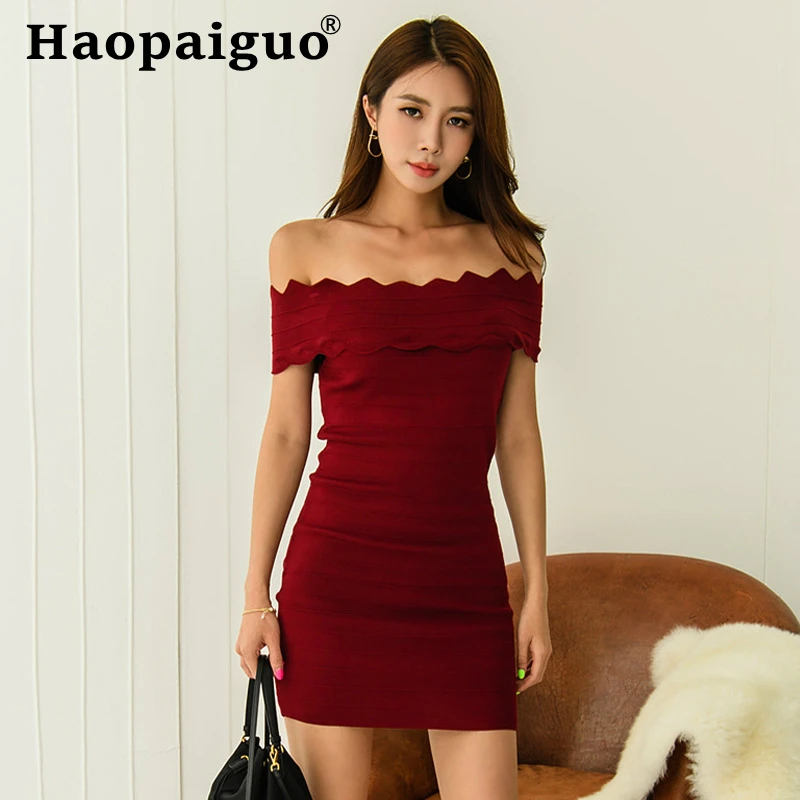 

Slash Neck Summer Sexy Dress for Women Off-shoulder Sheath Bodycon Mini Club Sweater Dress Women Solid Summer Knitted Dress 2019