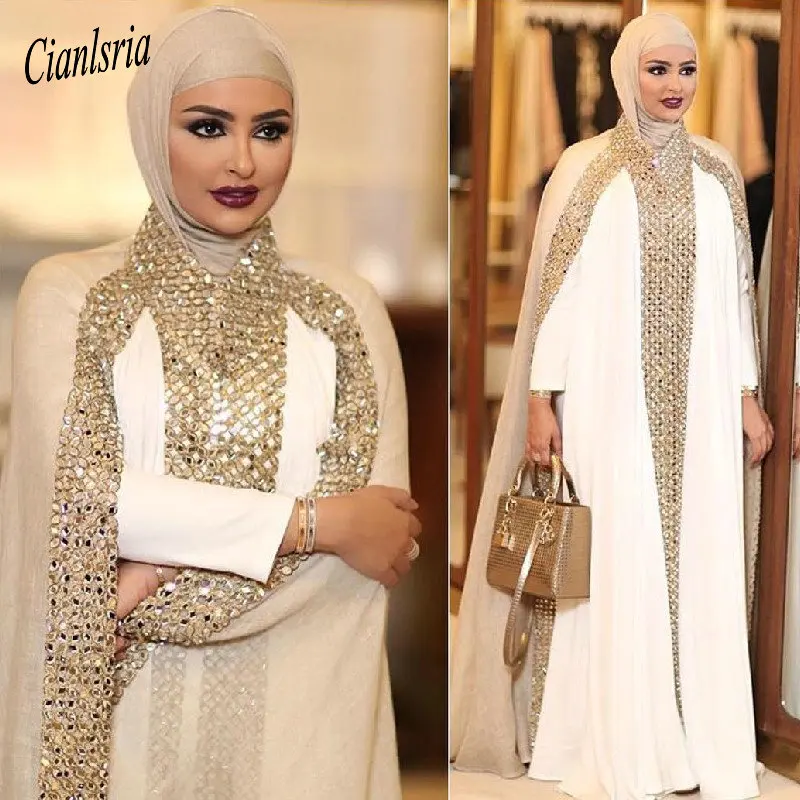 Champagne Dubai Kaftan Arabic Islamic Muslim Evening Dress Long Sleeve Beading Rhinestone Formal Evening Party Dresses Vestido Champagne Dubai Kaftan Arabic Islamic Muslim Evening Dress Long Sleeve Beading Rhinestone Formal Evening Party Dresses Vestido