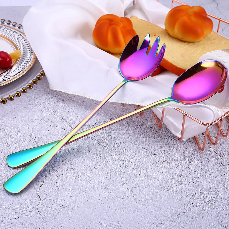 

2Pcs/Set Dinner Serving Spoon Fork Set Coffee Spoon Stainless Steel Dessert Dishes Scoop Fruit Fork Salad Servers Tableware