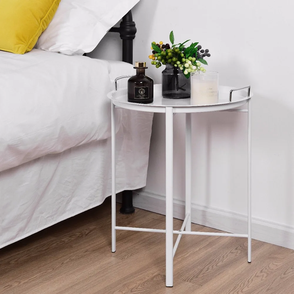 Giantex Metal Tray Table Round End Table Sofa Side Table Living Room Bedroom White Home Furniture HW58502WH