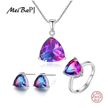 MeiBaPJ Радужный камень 3 костюм комплект ювелирных изделий Настоящее 925 Стерлинговое серебряные висячие серьги кольцо тонкой Шарм ювелирные изделия для женщин