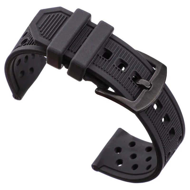 22 мм Ремешки для наручных часов черный водонепроницаемый мягкий силиконовый резиновый мужской ремешок для часов аксессуары для часов Серебристая черная пряжка