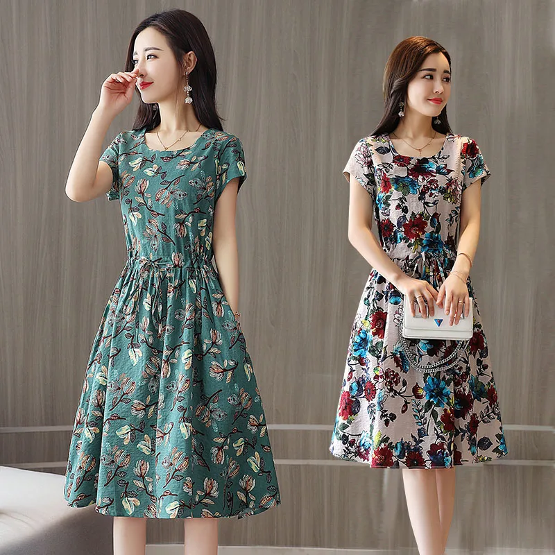 

Women Summer Lace-up Elegant Large Hem Floral Printed A-line Waisted Casual Dress