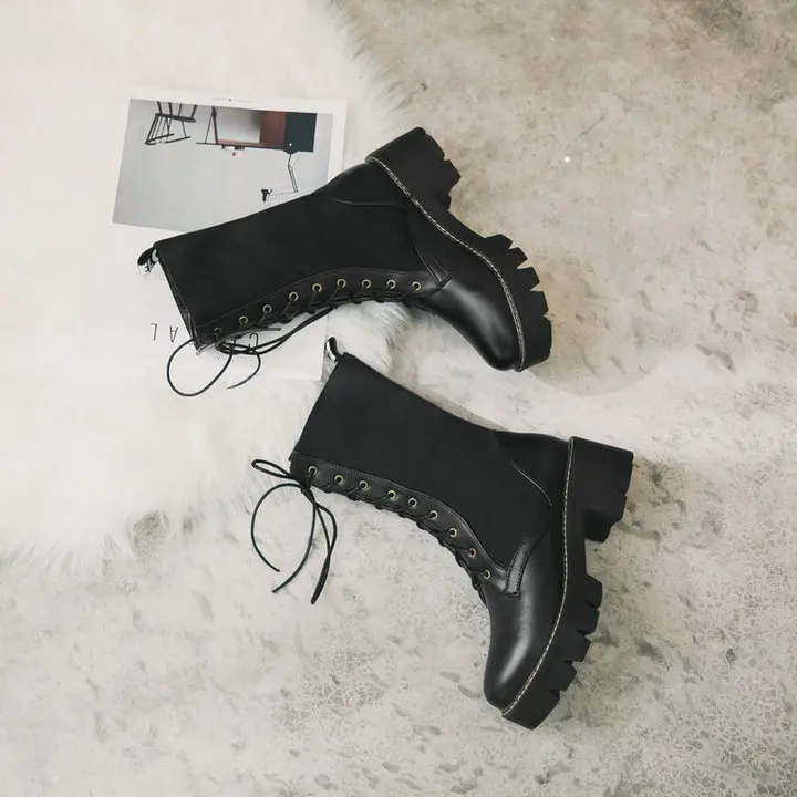 Модные черные сапоги до колена на платформе с высоким толстым каблуком сапоги для верховой езды зимняя женская обувь