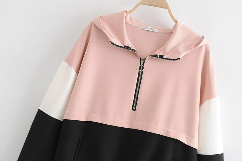 New Spring and summer European and American style hooded long-sleeved zipper color matching hem drawstring pullover Sweatershirt New Spring and summer European and American style hooded long-sleeved zipper color matching hem drawstring pullover Sweatershirt