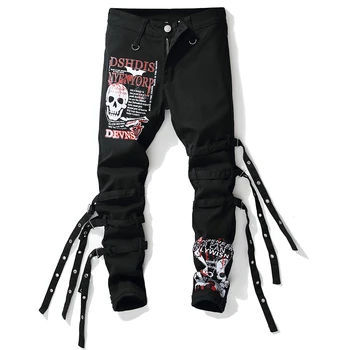 

Men's Fashion Ripped Bandage Jeans Black Skinny Slim Fit Zipper Denim Pant Destroyed Frayed Trousers Letter Skull Printing Pants