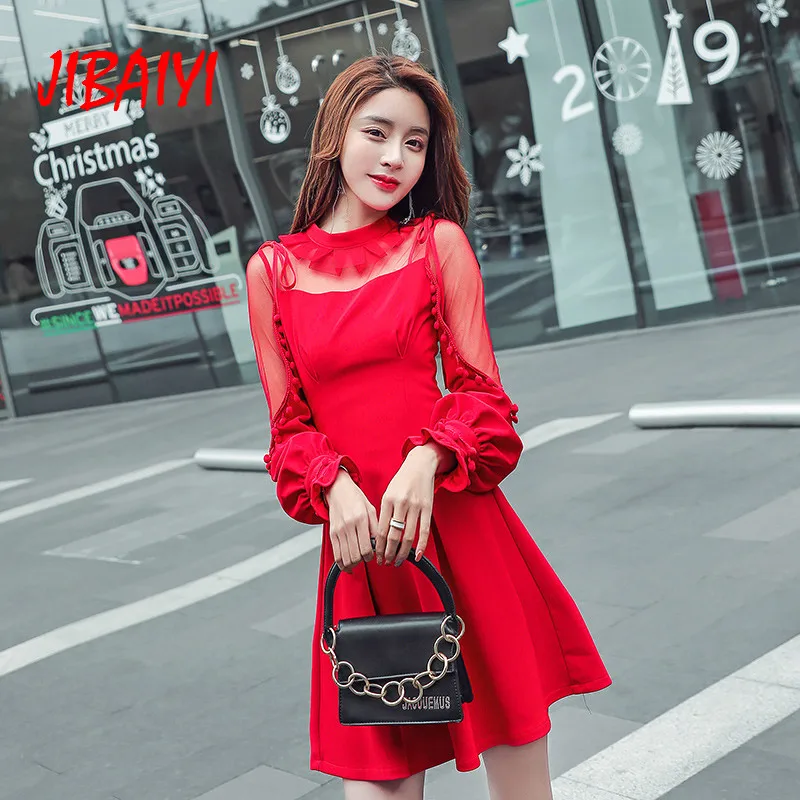 JIBAIYI Red Transparent Mesh Lantern Sleeve Elegant Dress Women Sexy Tassel Bodycon Ladies Party Dresses Spring Female Vestidos JIBAIYI Red Transparent Mesh Lantern Sleeve Elegant Dress Women Sexy Tassel Bodycon Ladies Party Dresses Spring Female Vestidos