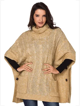 

Autumn Winter Large Size New Cloak Turtleneck Sweater For Women Bat Sleeve Side Button Pockets Loose Pullover Lady Sweaters Top