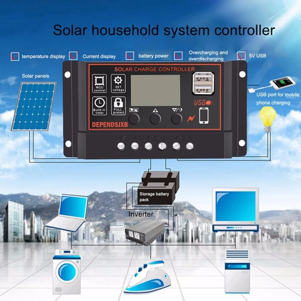 

Portable 20A for Amp Solar Panel Battery Regulator Solar Charger Controller with Digital LCD Screen Display 12/24V Auto USB