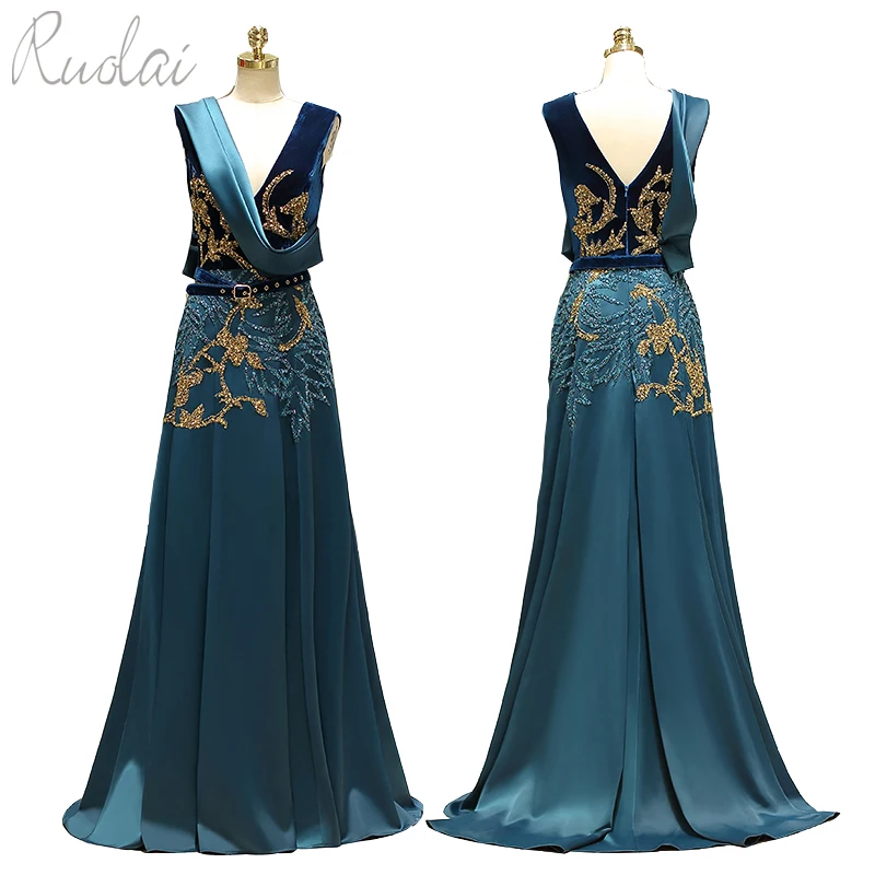 Elegant Beading Sequined Peacock Blue Velvet Satin Women Evening Dress Long 2019 Arabic Dubai Evening Gown Party Dress Elegant Beading Sequined Peacock Blue Velvet Satin Women Evening Dress Long 2019 Arabic Dubai Evening Gown Party Dress