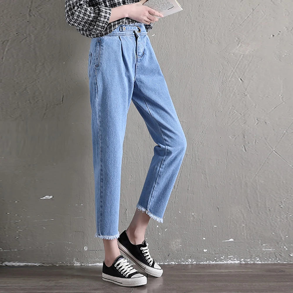 new women high waist denim jeans elastic waist tassel bleached washed