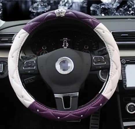 Двухцветные чехлы на руль, кожа, корона, кристалл, женские автомобильные чехлы на руль для женщин, девушек, автомобильные аксессуары для руля - Название цвета: white purple