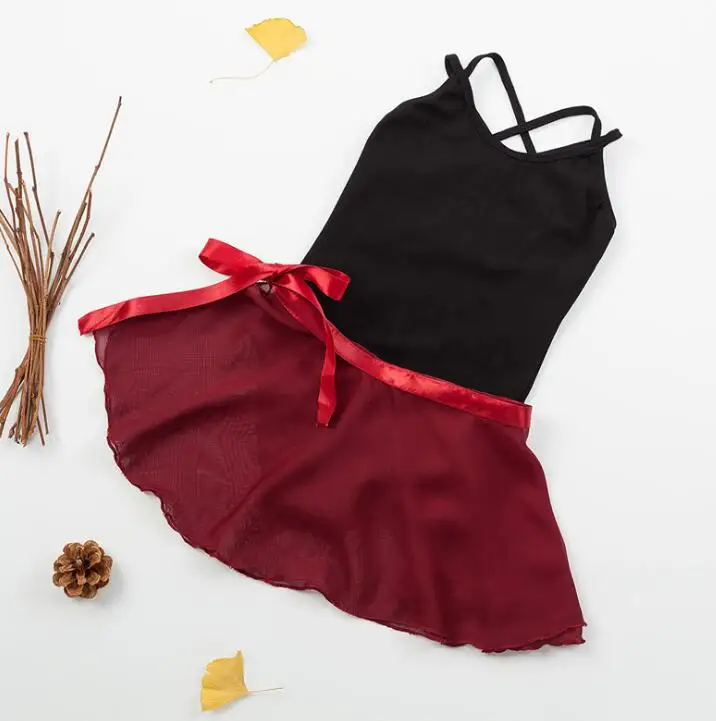 

100cm-155cm Cheap Girl Ballet Strappy Leotard Chiffon Skirt Two-piece Dance Dress Black White Red Pink Blue Purple Free Shipping