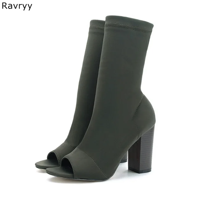 

Ins Fashion Women short sandal boots elastic army green ankle boot autumn woman shoes square heel peep toe female dress shoes