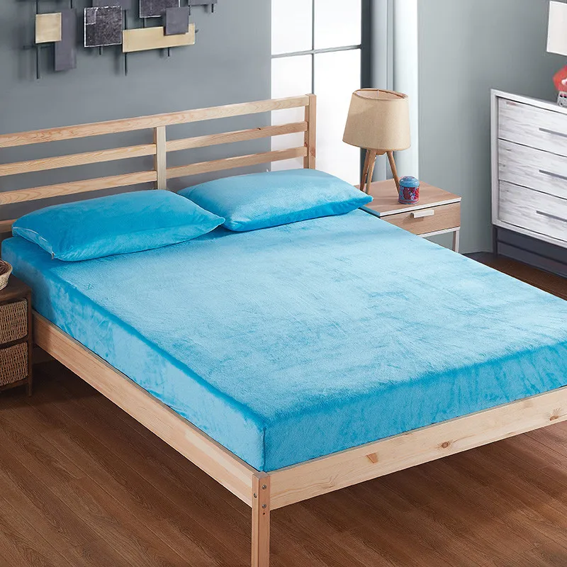 Fashion Blue Solid Color Winter Plus Velvet And Warm Mattress Protector For Box Spring Mattress Cover Bed Cover Fitted Sheet