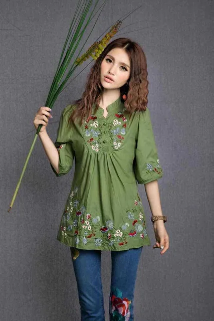 Материнство Женщины Мать плюс размер этнический бренд короткий рукав вышивка блузка рубашка Топ blusa - Цвет: Зеленый