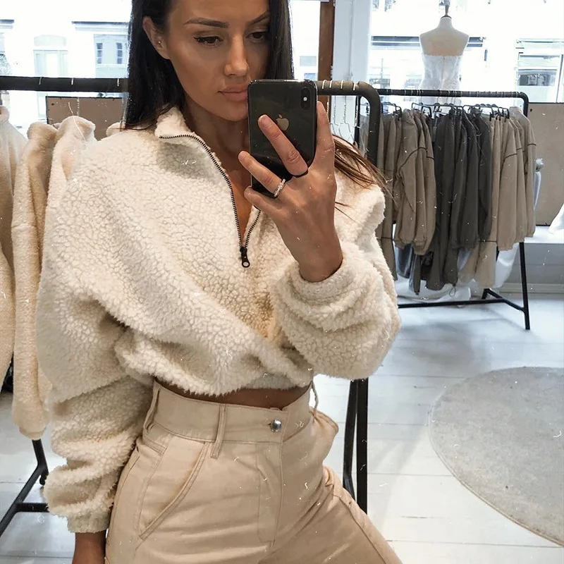 

long sleeve zipper high neck Faux lambswool crop tops 2019 autumn winter women fashion solid coat jacket