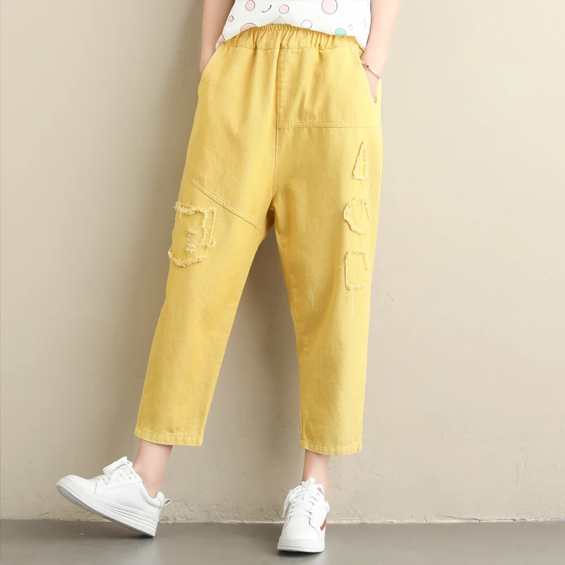 #0659 Casual Harem Pants For Women White Yellow Loose Plus Size Patchwork Vintage Pants Female Cotton Elastic Waist Ladies Pants