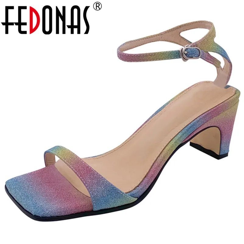 

FEDONAS 2019 Summer New Concise Elegant Square Toe Buckle Women Sandals Genuine Leather High Heels Party Office Shoes Woman