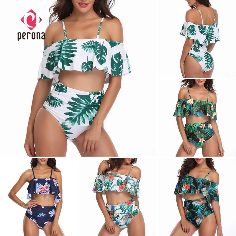 

PERONA High Waist Bandeau Bikini Set Women Push Up Swimwear Ruffle Vintage Beachwear Sexy Removable Strap Swimwear Bathing Suit