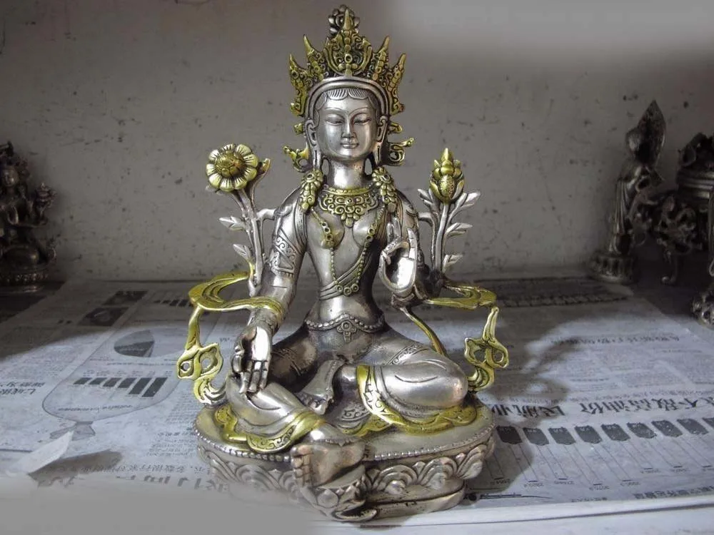 

Tibet Buddhism White copper silver Gild Green Tara Guan Yin Kwan-yin Goddess SD 506
