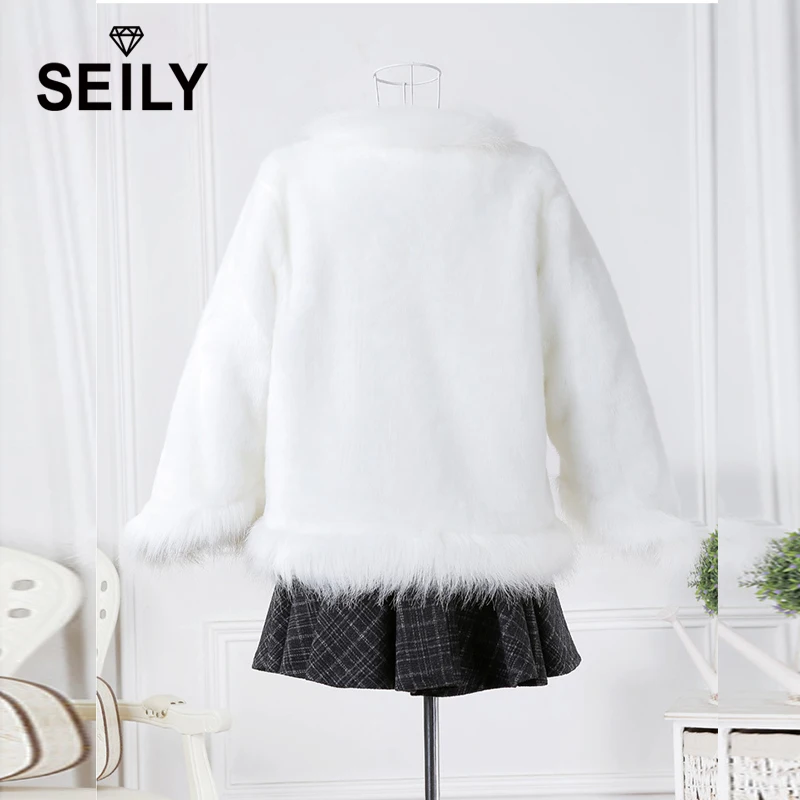 Seily Winter Luxury White Faux Arctic Fox Fur Fluffy Jacket With Fake Rabbit Collar Trim Furry Cape Coat Women Party Bride Cloak