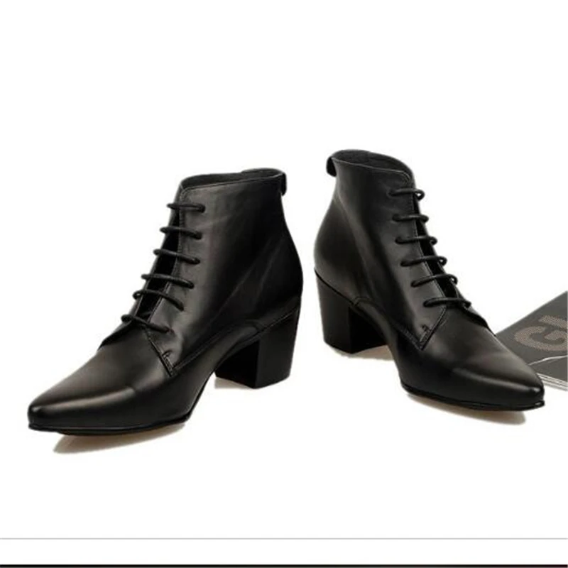 British style Men Motorcycle boots Lace-Up Pointed Toe Ankle boots Med-heel shoes Genuine leather Male Fashion boots 02C