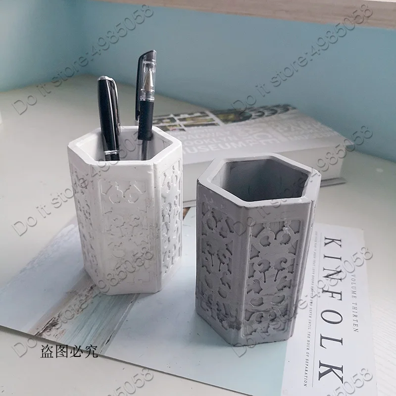 Декоративный узор ручка контейнер держатель штукатурки формы суккулент цветочный горшок шестигранный бетон силиконовая форма для цемента глина плесень