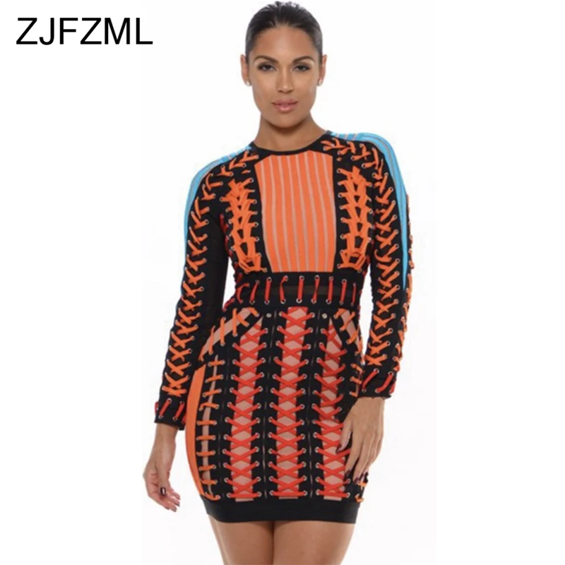 

Vertical Striped Print Sexy Sheath Dress Women Cross Lace Up Long Sleeve Bandage Dress Vintage Ladies Back Zipper Bodycon Dress