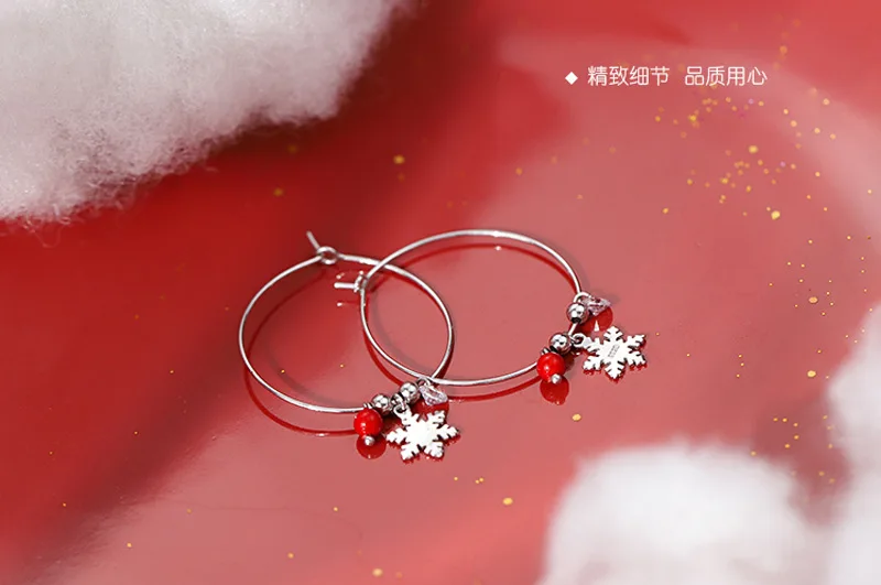 HTB1WTvtRxjaK1RjSZKzq6xVwXXas - Silver Color Snowflake Crystal Round Circle Loop Earring Lucky Red Beads Pendant Hoop Earrings Fashion Jewelry For Women