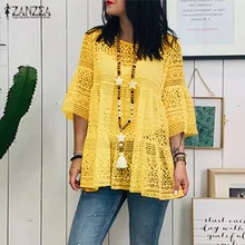  ZANZEA Summer Lace Crochet Blouse Bohemian Women 3/4 Flare SleeveShirts Female Solid  Hollow Out Beach Blusas Robe Femme Tops 