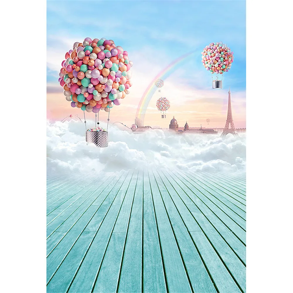 OMG_Shop 7x5ft 3D Hot Air Balloon Rainbow on the Floor Blue Sky Romantic Vinyl Wedding Backdrop Background