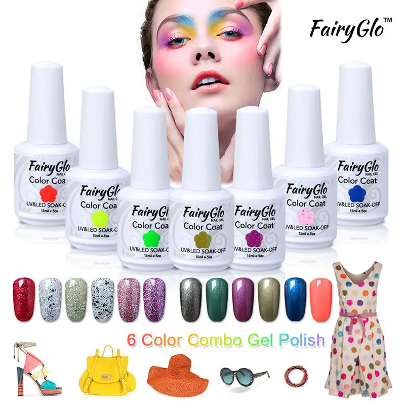 

FairyGlo Nail Gel Polish Set White Bottle 15ML Nude Color 001-020 Gel Varnish Kits Soak off Nail Art Lacquer Manicure Tool 6pcs