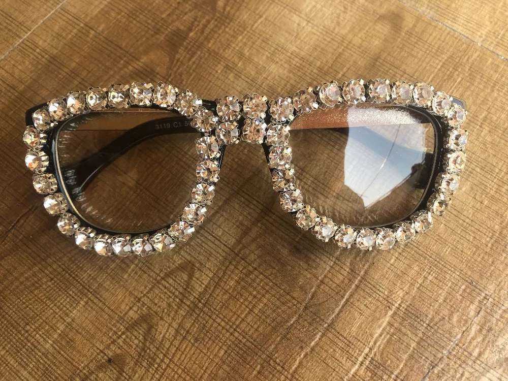 Square Diaomd Eyeglasses Clear Lens Women Diamond Sunglasses UV400 Metal Eyewear Bling Crystal
