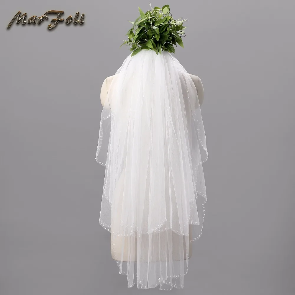 

Hot Sale High Quality White Ivory Short Bridal Veil Beaded Two Layers With Comb 0.8 metre Length Wedding Veil Accessory