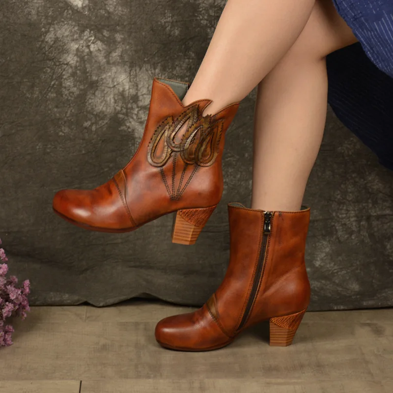 

Tyawkiho Women Embroidery Genuine Leather Ankle Boots 6 CM High Heel Leather Knight Boots Women Handmade Retro Winter Shoe 2018