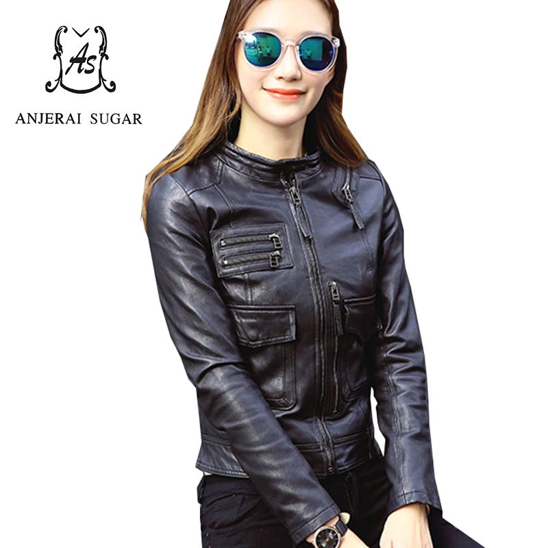 

Spring sheepskin genuine leather jacket women black colour Mandarin Collar motorcycle female Pockets design short leather Jacket