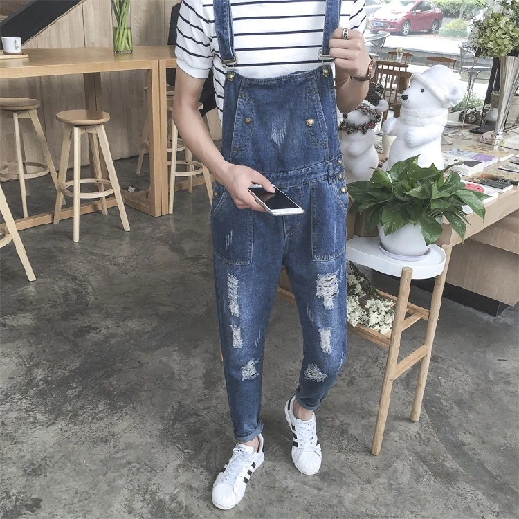 

Men's denim bib pants Fashion Male pocket jean jumpsuits Summer Ankle Length Hip Hop Ripped denim Overalls A53003