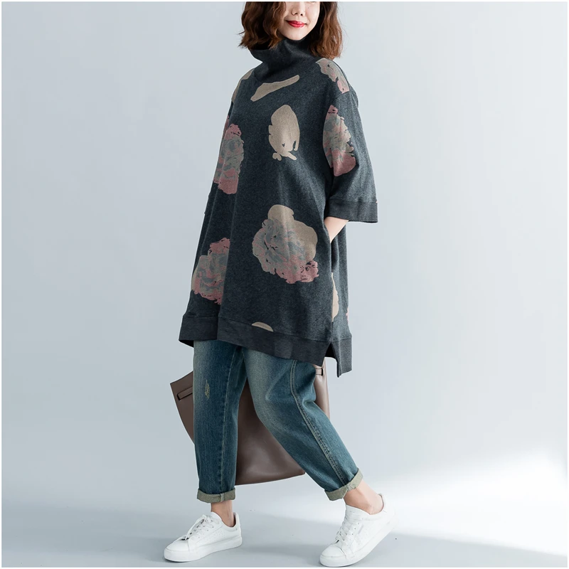  Plus Size Turtleneck Hoodies Long Sweatshirt Women Half Sleeve Print Autumn Tops Cotton Hoodie Loos