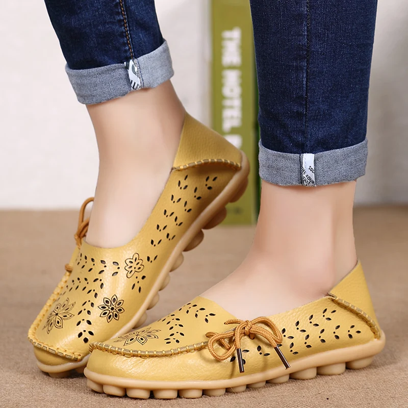 Women Flats Genuine Leather Slip On Loafers Soft Nurse Ballerina Shoes Plus Size 34-44 Casual