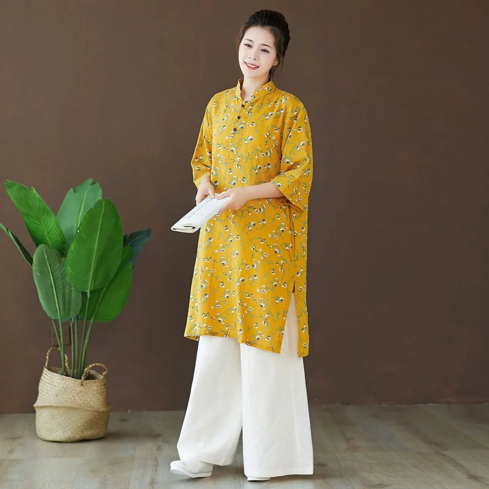 LZJN 2019 Autumn Blouse Long Sleeve O-Neck Chinese Style Shirt Ethnic Ladies Cotton Tunic Tops Floral Blouses for Women 2 Colors (6)